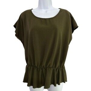 Papaya‎ Womens Peasant Ruffle Elastic Waist Shirt Top Size L Green Round Neck